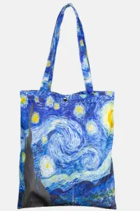 Geanta shopper din material textil satinat, cu imprimeu inspirat din pictura Noapte Instelata a lui Vincent Van Gogh
