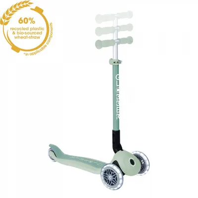 Trotineta pentru copii Globber Primo Fistic, ecologica, pliabila, cu roti LED, ghidon ajustabil pe 3 nivele, rulmenti ABEC 9