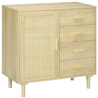 HOMCOM Bufet rotin cu dulapuri cu ușă cannage și 4 sertar, 80 x 38 x 80,5 cm, efect lemn natural | Aosom Romania