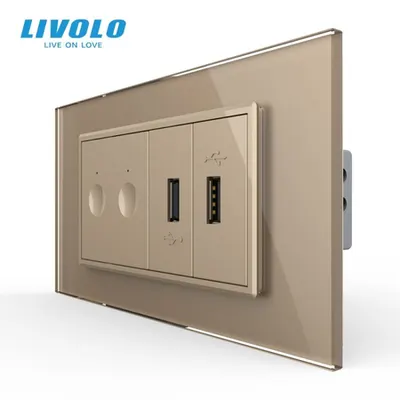 Intrerupator tactil dublu + priza dubla USB, 4M, cu rama sticla Auriu