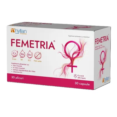 Femetria cu mio-inozitol, Vitex, Quatrefolic și acid alfa-lipoic, 30 plicuri + 30 capsule, Hyllan