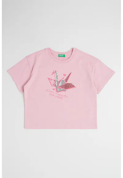Tricou de bumbac cu aplicatii de paiete - Roz