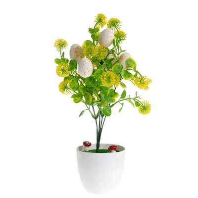 Decoratiune ghiveci cu oua si flori galbene 35 cm