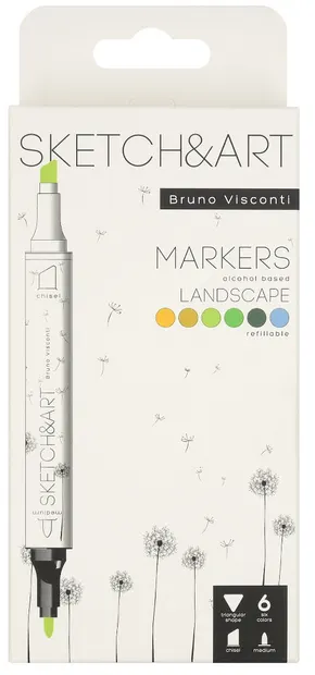 Markere permanente cu două capete Bruno Visconti Sketch&Art - Pădure, 6 culori