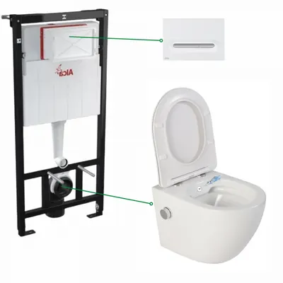 Set vas wc suspendat cu functie de bideu Foglia Oslo si rezervor wc incastrat cu clapeta alb mat crom mat, Alcadrain