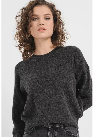 Pulover regular fit cu decolteu la baza gatului - Gri inchis melange