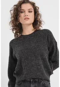Pulover regular fit cu decolteu la baza gatului - Gri inchis melange
