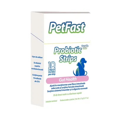PetFast Probiotic Strips - Supliment pentru digestie si flora intestinala pentru caini si pisici, 30 benzi