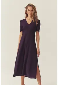 Rochie evazata din amestec de lyocell cu decolteu in V si slit lateral - Deep Purple