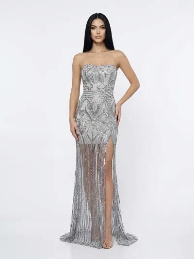 Rochie lunga din broderie gri cu slit pe picior si bust tip corset