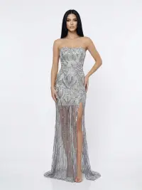 Rochie lunga din broderie gri cu slit pe picior si bust tip corset