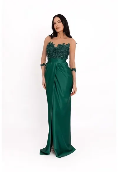 Rochie lunga de satin - Verde englez