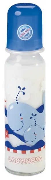 Biberon din sticlă Baby Nova – 250 ml, albastru cu balenă