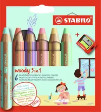 Set de creioane colorate Stabilo Woody 3 in 1 - 6 culori pastelate , cu ascuțitor