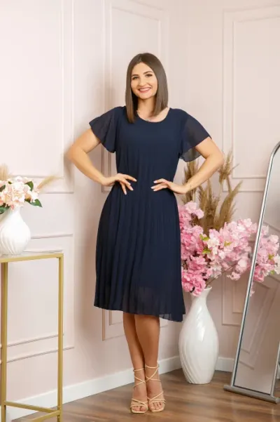 Rochie plisata Elisa cu maneci fluture - Bleumarin