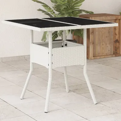 vidaXL Masă de grădină cu blat din sticlă, alb, 80x80x75 cm, poliratan