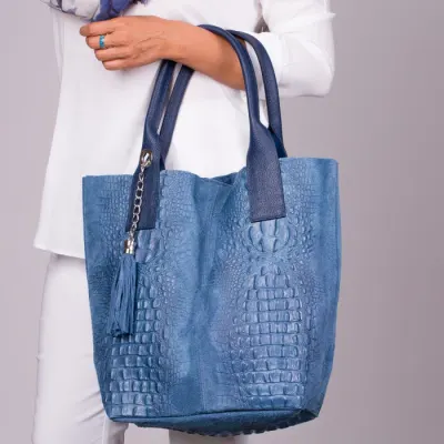 Geanta shopper albastra din piele intoarsa naturala