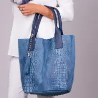 Geanta shopper albastra din piele intoarsa naturala
