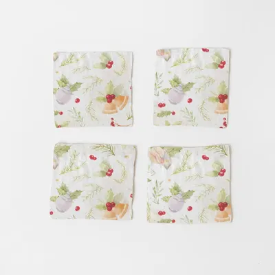 Set 4 suporturi pentru pahare din in cu model de Crăciun Linen Tales Merry, 10 x 10 cm