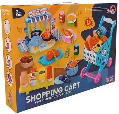 Set de joc Raya Toys - Cărucior de piață cu bucătărie, 64 de piese, albastru