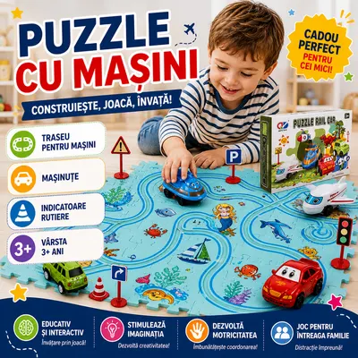 Set 25 piese cu masinuta, traseu puzzle racer, jucarie interactiva cu desene din mare, semne de circulatie si combinatii multiple