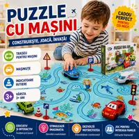 Set 25 piese cu masinuta, traseu puzzle racer, jucarie interactiva cu desene din mare, semne de circulatie si combinatii multiple