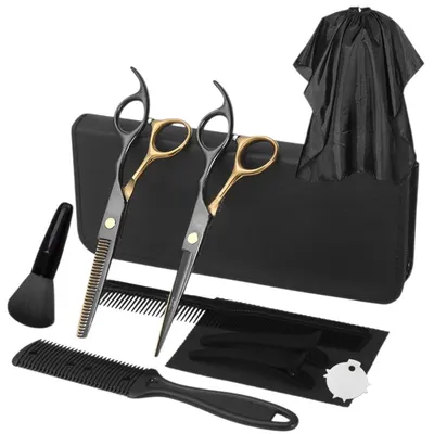 Foarfece profesionale de tuns și filat NewEvo , pentru frizerie,salon,coafor, husă piele + accesorii, oțel japonez, 17 cm, set 10 piese, negru