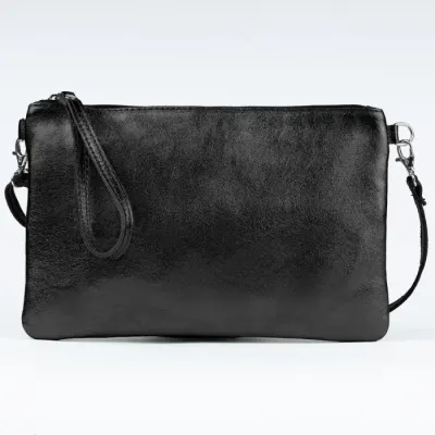 Geanta plic crossbody negru metalizat, din piele naturala