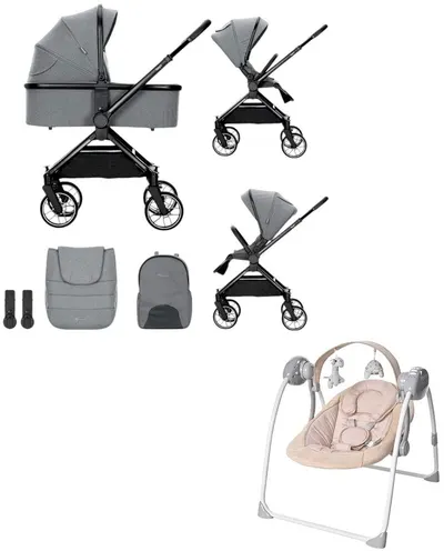 Cărucior pentru bebeluși 2 în 1 Lorelli Premium - Reya, gri + leagăn - Portofino, Beige Dots