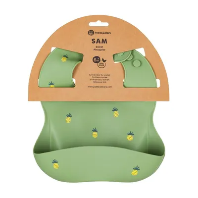 Baveta moale PetiteMars TakeMatch Verde, reglabila, cu buzunar colector, silicon, fara BPA, 6 luni+, model ananas