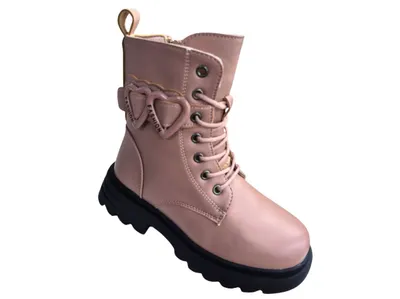 Bocanci Iarna Fetite, Accesoriu Atasat Inimioare, Piele Ecologica, Inchidere fermoar+Siret, Imblaniti, Blana Sintetica Moale, Engross, Marimi 32-37, 8buc/bax roz pudra