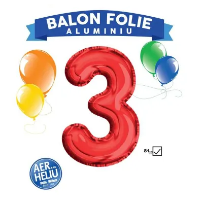 Balon cifra 3, inaltime 81 cm, folie aluminiu, rosu