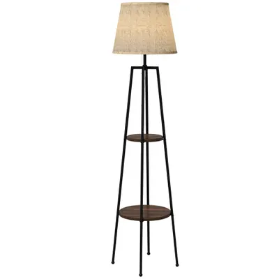 Lampa de Podea cu Rafturi, Inalta cu Abajur din Material Textil (Becul nu este Inclus), Nuc Maro si Maro Deschis, Φ42x166cm HOMCOM | Aosom RO