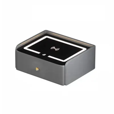 Noptiera inteligenta cu incarcare wireless, iluminare LED, 1 sertar de depozitare, port USB si port Type-C, difuzor Bluetooth de 10W &ndash; gri antracit, design modern din sticla si lemn