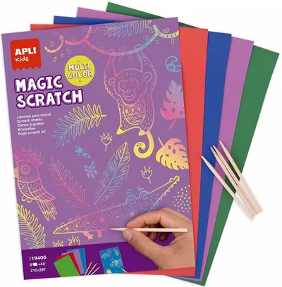 Set de cărți de răzuit Apli Kids Scratch Cards - 8 cărți colorate și 4 bețe de lemn