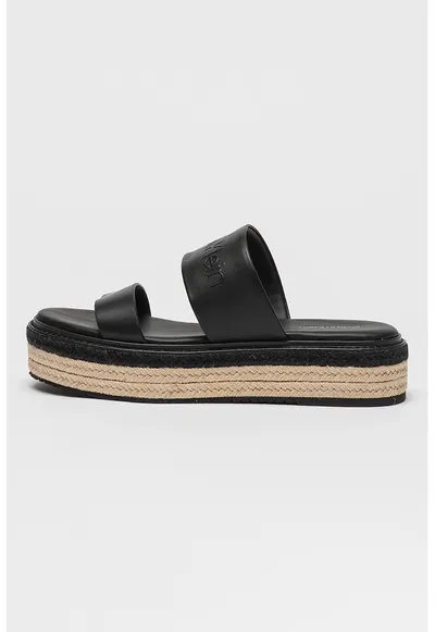 Papuci din piele flatform cu model uni - Negru