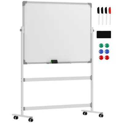 HOMCOM Tablă Magnetică cu 2 Fețe, Tablă Rotativă la 360° cu 3 Nivele Reglabile, Burete și Marker-e, 127x50x165 cm, Alb | Aosom Romania