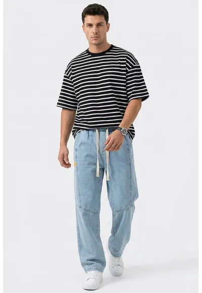 Pantaloni barbati - Baggy din Denim - talie cu snur - albastru - 95% bumbac - 5% elastan - 2XL