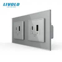 Priza dubla USB tip A si tip C, cu rama sticla Gri