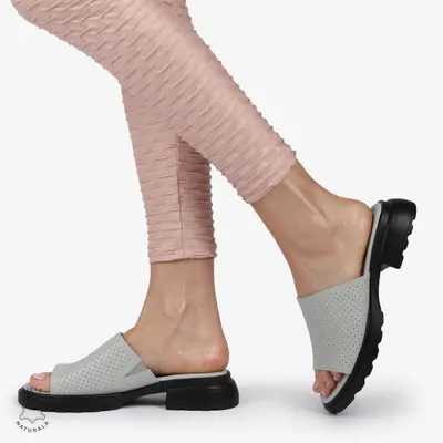 Papuci Dama din Piele Naturala cu Toc Mediu Crl1428 Gri