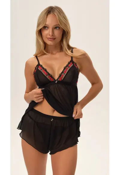 Pijama dama Zezzy - negru - cupe din plasa - broderie cirese - poliester