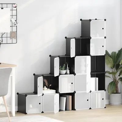 vidaXL Organizator cub de depozitare cu uși, 15 cuburi, negru, PP