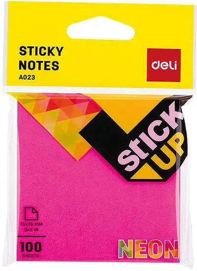 Note lipicioase Deli - 76 x 76 mm, 100 foi, neon, roz