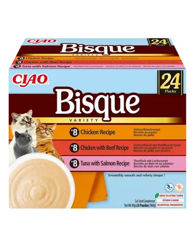 INABA Cat Ciao Bisque Variety 24×40 g Mix de supe cremă cu pui, vită și pește pentru pisici