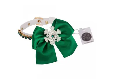 Zgarda caini Snowflake, verde, din piele ecologica, decorata cu cristale si fundita, 25 cm