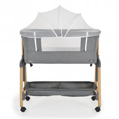 Patut Co-Sleeper Cangaroo Adoro Grey 90x53 cm cu laterala culisanta, Saltea si Plasa de insecte incluse, Spatiu depozitare, 7 nivele de reglare a inaltimii, Roti cu frana