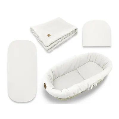 Set pentru landou/cosulet, Qmini, Cu protectie, pilota, saltea, pernuta, Din muselina dubla, Material certificat Oeko Tex Standard 100, Cream