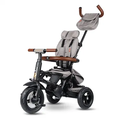 Tricicleta pentru copii Qplay Rito Deluxe gri, pliabila, cu scaun inalt, matlasat, ajustabil in 2 pozitii, maner cu control al directiei, frana dubla, copertina XXL, detalii de piele ecologica