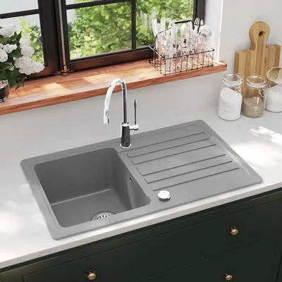 vidaXL Chiuvetă bucătărie granit, bazin unic cu scurgere, reversibilă, gri