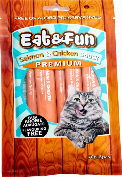 Eat&amp;Fun Recompense Pisica Sos Salmon &amp; Chicken 70 G / 5 Buc
